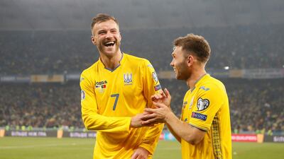 Ukraine's Andriy Yarmolenko celebrates scoring to make it 2-0. Reuters