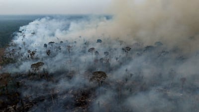 A fire in the Amazon rainforest in September. Rising global temperatures will cause the Amazon to dry out and will lead to a rise in sea levels. AFP
