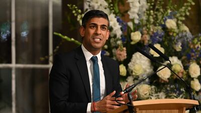 British Prime Minister Rishi Sunak gives a speech at an event marking the 25th anniversary of the Belfast/Good Friday Agreement in Belfast, Northern Ireland. Getty