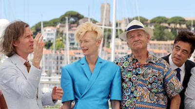Murray with, from left, director Wes Anderson, actress Tilda Swinton and actor Benicio del Toro. AFP