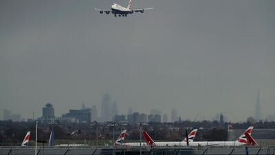 A plane comes in to land at Heathrow Airport in London. AP