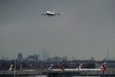 A plane comes in to land at Heathrow Airport in London. AP