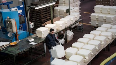 At a factory in Fondotoce at Lago Maggiore. About 200,000 high-density poly-ethylene cubes are manufactured over a period of eight months before delivery to the project site in Montecolino, January 2016 Photo: Wolfgang Volz