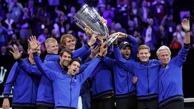 Team Europe celebrate with the Laver Cup after defeating Team World in Chicago. AP Photo