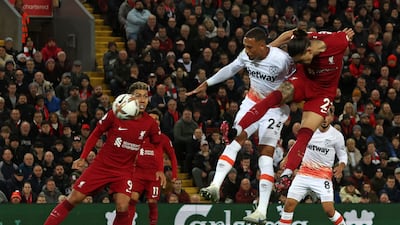 Darwin Nunez heads home for Liverpool. AFP