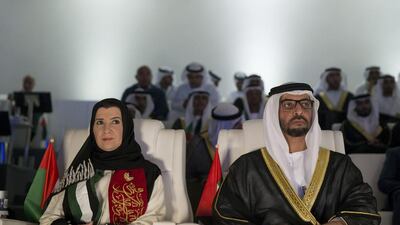 Sheikh Hamdan bin Zayed, Ruler’s Representative in the Western Region of Abu Dhabi (R) and Dr Amal Al Qubaisi, Speaker of the Federal National Council (FNC) (L) attend the 44th UAE National Day celebrations at Zayed Sports City. Mohamed Al Hammadi / Crown Prince Court - Abu Dhabi