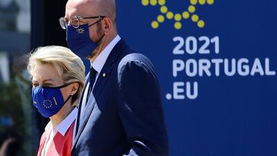 European Council President Charles Michel, right, walks with European Commission President Ursula von der Leyen during an EU summit in Portugal. EU leaders also held an online summit with India's Prime Minister Narendra Modi to increase co-operation. AP