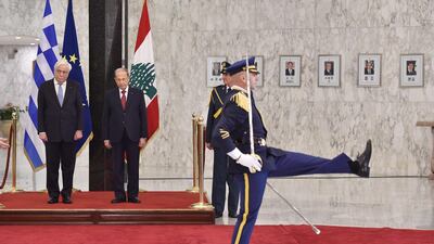 Lebanese President Michel Aoun and Greek President Prokopis Pavlopoulos review the military at the Presidential Palace in Baabda, Lebanon. EPA