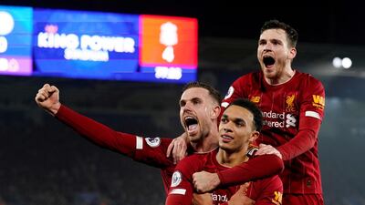 Trent Alexander-Arnold celebrates Liverpool's fourth goal against Leicester City. Reuters