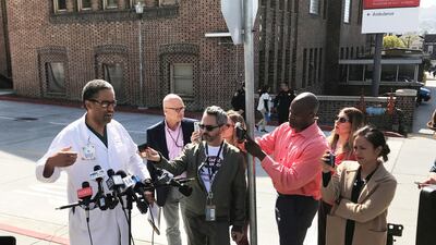 Trauma surgeon Andre Campbell speaks with reporters outside Zuckerberg San Francisco General Hospital and Trauma Center, where victims were brought. REUTERS/Heather Somerville