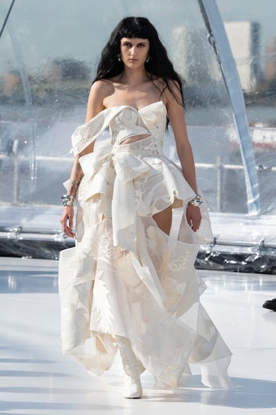 Whitework embroidery on the slashed bodice and calico tulle skirt of the show’s final look. Photo: Alexander McQueen