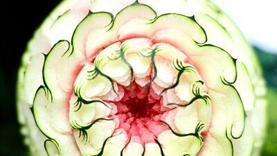 A carved watermelon at the contest in Bangkok.