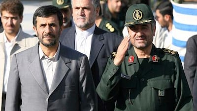 Iran's President Mahmoud Ahmadinejad walks with newly appointed commander of Iran's Revolutionary GuardTERS, 2007s force, General Mohammad Ali Jaafari.
