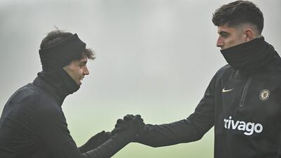 Chelsea's Joao Felix, left, and Kai Havertz at training. AFP