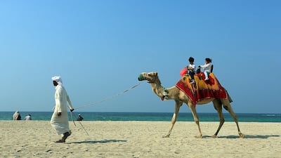 Children enjoy a camel ride on the beach in Ajman. Satish Kumar / The National