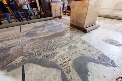 The Madaba Map is part of a floor mosaic in the early Byzantine church of Saint George at Madaba, Jordan Getty