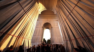 A view of the underside of the building, showing it wrapped in 25,000 square metres of cloth. AFP