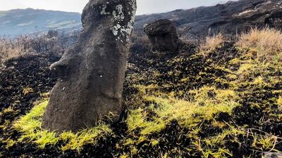 Moai affected by a fire at the Rapa Nui National Park on Easter Island, Chile, on October 6, 2022. AFP