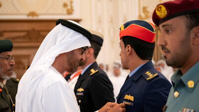 Sheikh Mohamed bin Zayed presents an Emirates Military Medals to members of the UAE Armed Forces, Ministry of Interior and Abu Dhabi Police during a Sea Palace barza.