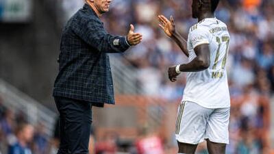 Sadio Mane celebrates a goal with Bayern manager Julian Nagelsmann. Getty