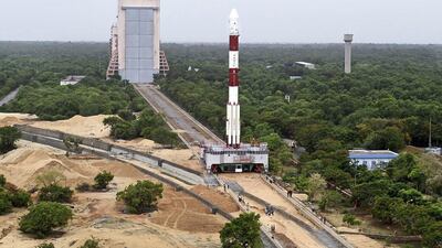 The rocket is moved on rails to its launch pad. Courtesy Isro
