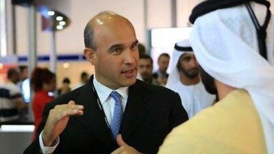 Sheikh Majid bin Mohammed bin Rashid Al Maktoum, the chairman of the Dubai Culture and Arts Authority, right, talks to Jim Balsillie, a co-founder of RIM at Gitex 2011. Ravindranath K / The National