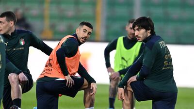 Mattia Zaccagni and Sandro Tonali of Italy during a stretching exercise. Getty Images