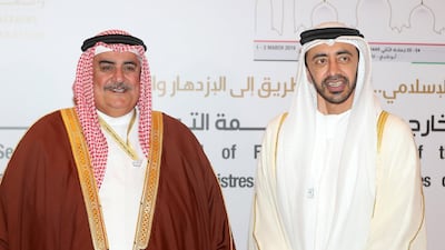 Sheikh Abdullah bin Zayed with Bahraini counterpart Khalid bin Ahmed Al Khalifa. Chris Whiteoak / The National