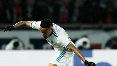 Real's Eder Militao duels with PSG's Marco Verratti. AP