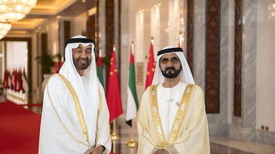 Sheikh Mohammed bin Rashid and Sheikh Mohammed bin Zayed wait for the arrival of China president Xi Jinping. Government of Dubai Media Office