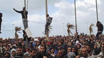 A picture from Libya, where clampdowns have made it almost impossible to get verifiable photographs, said to show protesetrs in Benghazi.