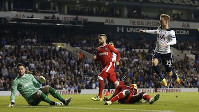 Tottenham’s Christian Eriksen scores their second goal. Paul Childs / Action Images / Reuters