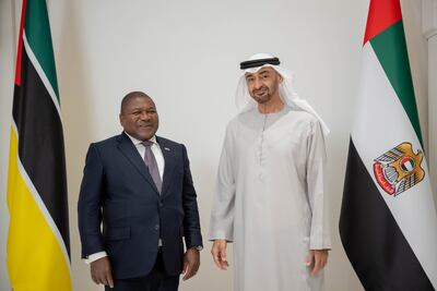 Sheikh Mohamed and Mr Nyusi at Al Shati Palace. Rashed Al Mansoori / UAE Presidential Court