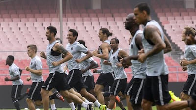 Paris Saint-Germain attend a training session ahead of the French Championship Trophy match against Guingamp, at the Workers Stadium in Beijing oin July 31, 2014. The Trophee des Champions is scheduled to played at the stadium on August 2 as Ligue 1 attempts to tap into the huge China market. Jason Lee / Reuters