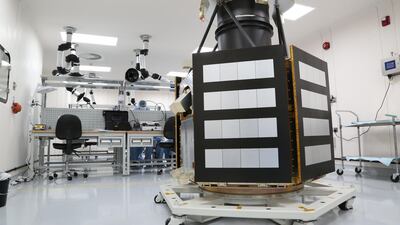 The completed engineering model of KhalifaSat, which will be launched on Monday 29 October. Courtesy Mohammed bin Rashid Space Centre