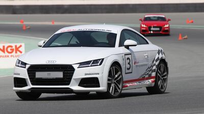 Panna Munyal takes part in emergency driving drills in one of a fleet of Audi TTs. Courtesy Dubai Autodrome