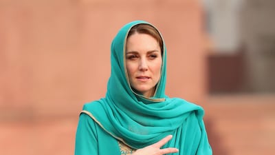 Catherine, Duchess of Cambridge arrives at the Badshahi Mosque within the Walled City during day four of their royal tour of Pakistan on October 17, 2019 in Lahore, Pakistan.