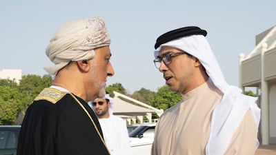 Sheikh Mansour bin Zayed, Vice President, Deputy Prime Minister and Minister of the Presidential Court, receives condolences from Sayyed Shihab Al Said, Oman's Deputy Prime Minister of Defence Affairs. Photo: UAE Presidential Court