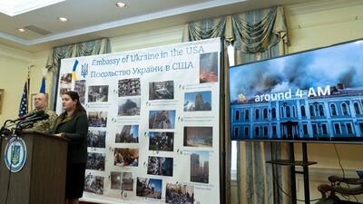 Ukraine's ambassador to the US, Oksana Markarova, at a news conference in the embassy of Ukraine, Washington. AP