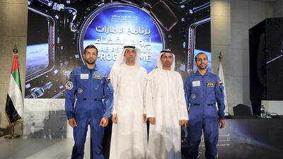 Salem Humaid Al Marri (2nd L), head of the UAE astronaut programme and Yusuf Al Shaibani, director general of Mohammed bin Rashid Space Centre, with the country's first astronaut's, Hazza Al Mansouri (far right) and Sultan Al Neyadi (far left). All pictures by Chris Whiteoak/The National