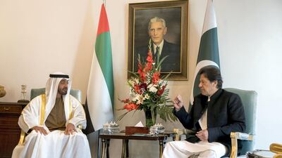 ISLAMABAD, PAKISTAN - January 06, 2019: HH Sheikh Mohamed bin Zayed Al Nahyan, Crown Prince of Abu Dhabi and Deputy Supreme Commander of the UAE Armed Forces (L), meets with HE Imran Khan, Prime Minister of Pakistan (R), at the Prime Minister's residence. ( Rashed Al Mansoori / Ministry of Presidential Affairs ) ---?