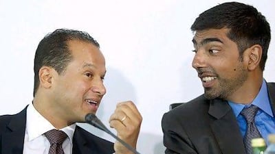 Mustafa Abdel-Wadood, left, the chief executive of Abraaj Capital, speaks with Shakir Merali of Aureos Capital, during a news conference yesterday. Christopher Pike / The National