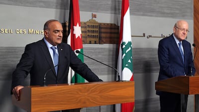 Jordanian Prime Minister Bisher Al Khasawneh, left, speaks to reporters after meeting Lebanese premier Najib Mikati in Beirut, Lebanon, on Thursday, September 30, 2021. AP