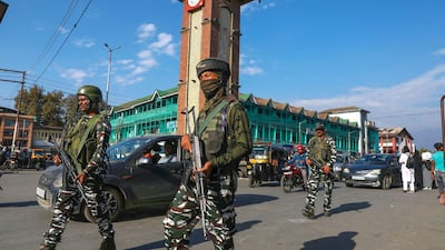 Indian paramilitary forces on patrol in Srinagar, the summer capital of Indian Kashmir. EPA
