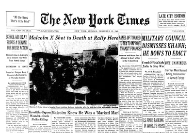 The front page of the New York Times reports the killing of Malcom X in 1965. Photo: New York Times