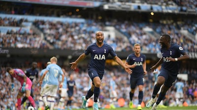 Lucas Moura of Tottenham Hotspur celebrates after scoring during the Premier League match between Manchester City and Tottenham Hotspur at Etihad Stadium. Getty Images