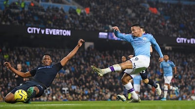 Gabriel Jesus of Manchester City scores his sides second goal during the Premier League match between Manchester City and Everton FC at Etihad Stadium Getty