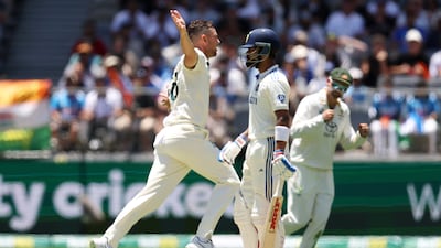 Josh Hazlewood after taking the wicket of Virat Kohli for five. Getty Images