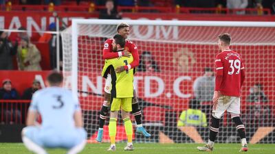 Marcus Rashford embraces David De Gea after the win at Old Trafford on Saturday. Getty