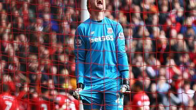 Goalkeeper Jakob Haugaard of Stoke City reacts as Daniel Sturridge of Liverpool scores their second goal during the Premier League match between Liverpool and Stoke City at Anfield on April 10, 2016 in Liverpool, England. (Photo by Clive Brunskill/Getty Images)